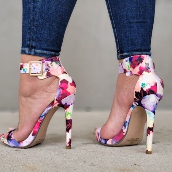 Women's Ankle Strap High Heels Sandals Flower Print Color - Picture 3 of 4